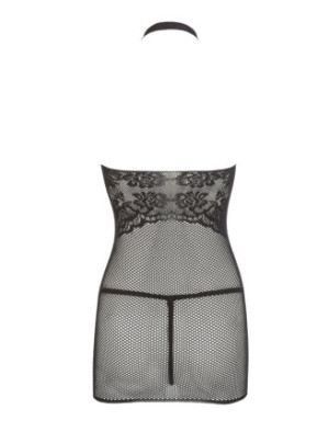 Petite robe en résille noire, sans couture, avec dentelle sur la poitrine. String assorti