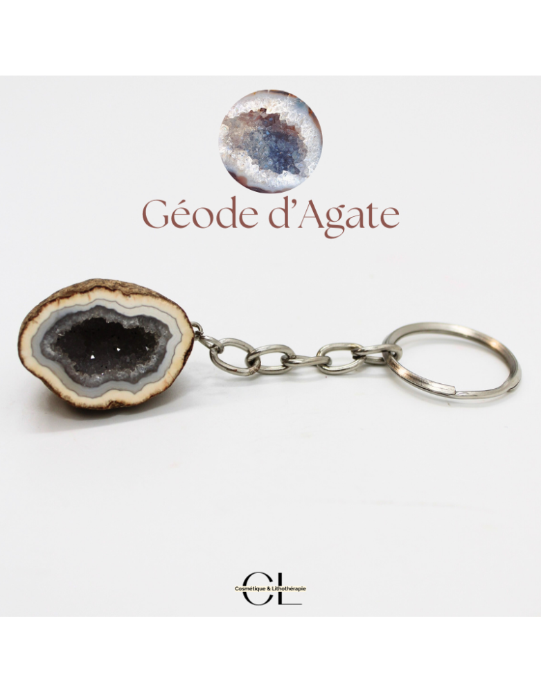 Porte-clefs avec pierre naturelle Géode Agate brute 3cm