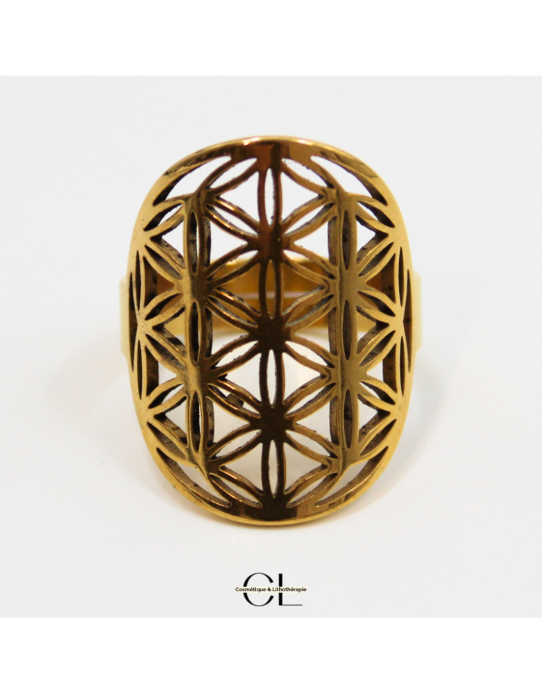 Bague Fleur de vie en acier inoxydable avec plaquage or