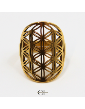 Bague Fleur de vie en acier inoxydable avec plaquage or