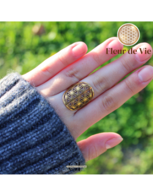 Bague Fleur de vie en acier inoxydable avec plaquage or