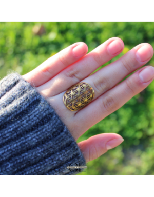 Bague Fleur de vie en acier inoxydable avec plaquage or