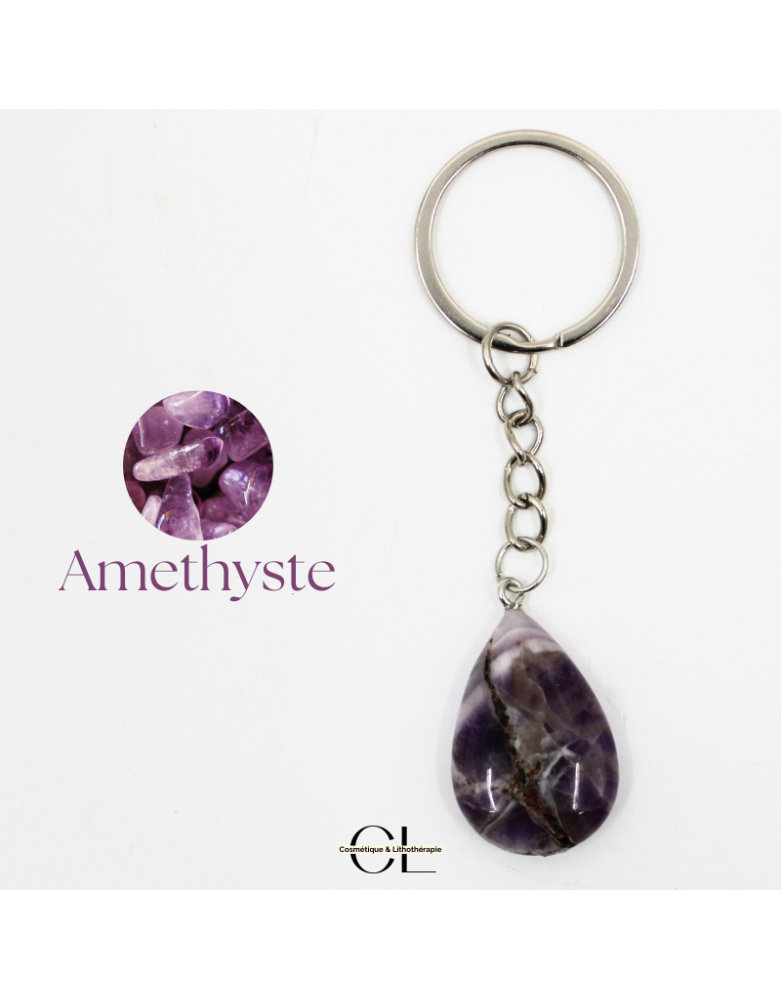 Porte-clefs avec pierre naturelle Amethyste AB 30mm en forme de goutte