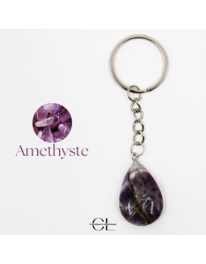Porte-clefs avec pierre naturelle Amethyste AB 30mm en forme de goutte