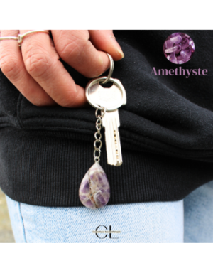 Porte-clefs avec pierre naturelle Amethyste AB 30mm en forme de goutte