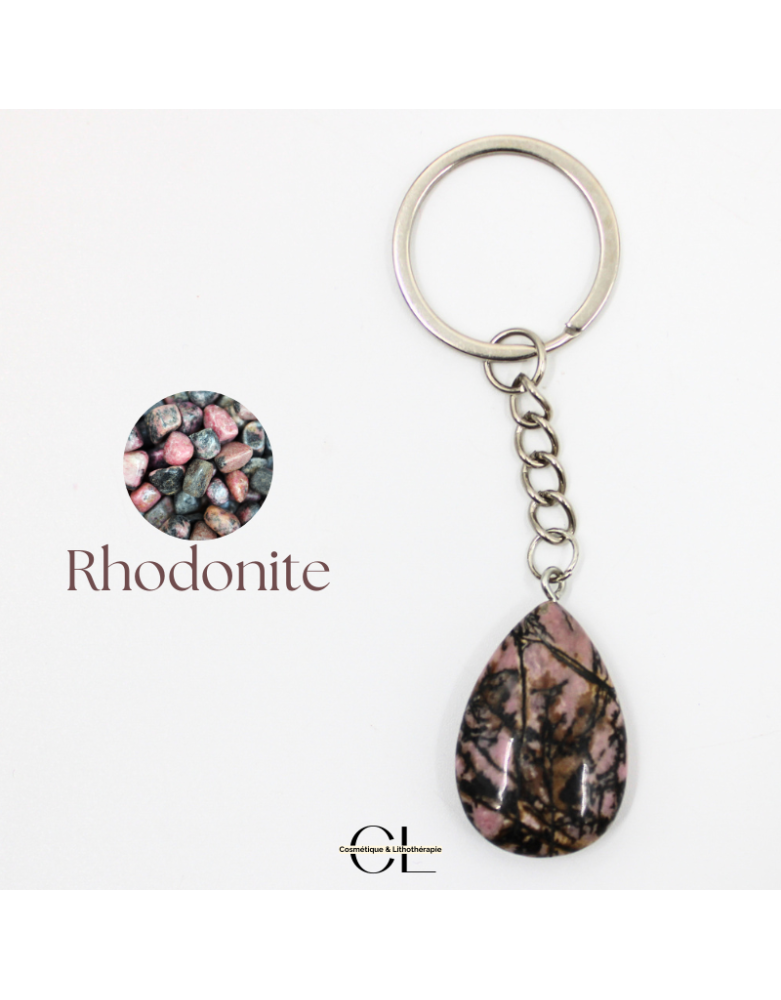 Porte-clefs avec pierre naturelle Rhodonite A 30mm en forme de goutte