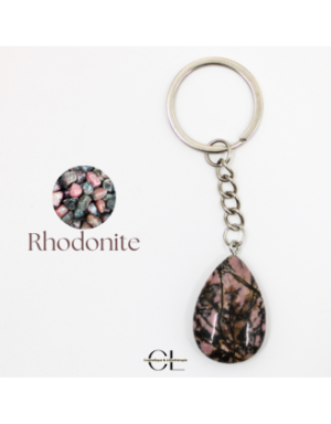 Porte-clefs avec pierre naturelle Rhodonite A 30mm en forme de goutte