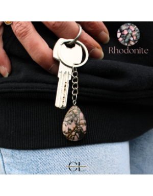 Porte-clefs avec pierre naturelle Rhodonite A 30mm en forme de goutte