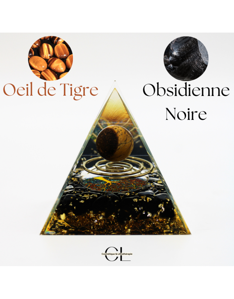 Orgonite pyramide Oeil de Tigre et Obsidienne Noire Arbre de Vie  Spirale