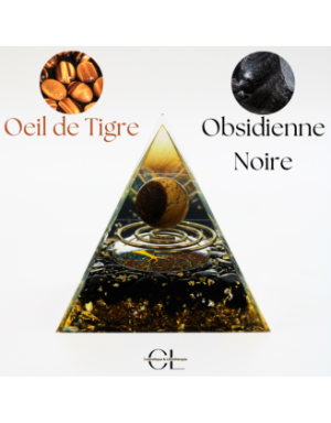 Orgonite pyramide Oeil de Tigre et Obsidienne Noire Arbre de Vie  Spirale