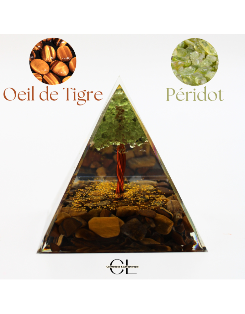 Orgonite pyramide Oeil de Tigre  Péridot Arbre de Vie