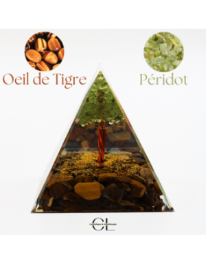 Orgonite pyramide Oeil de Tigre  Péridot Arbre de Vie