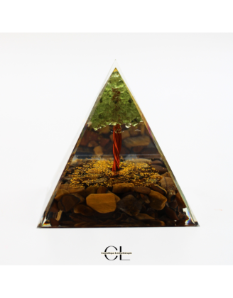 Orgonite pyramide Oeil de Tigre  Péridot Arbre de Vie
