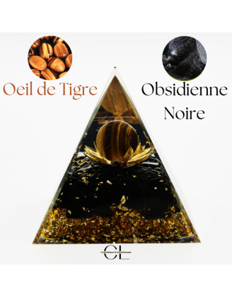 Orgonite pyramide Oeil de Tigre et Obsidienne Noire Lotus