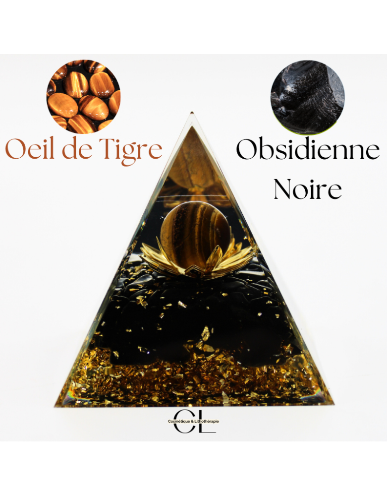 Orgonite pyramide Oeil de Tigre et Obsidienne Noire Lotus
