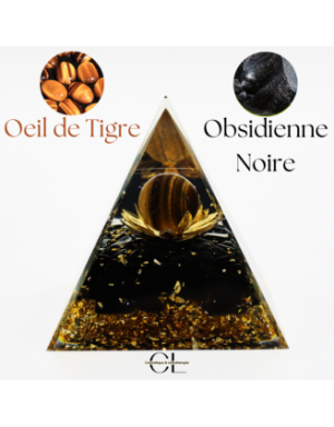 Orgonite pyramide Oeil de Tigre et Obsidienne Noire Lotus