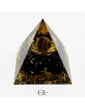 Orgonite pyramide Oeil de Tigre et Obsidienne Noire Lotus