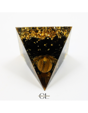 Orgonite pyramide Oeil de Tigre et Obsidienne Noire Lotus