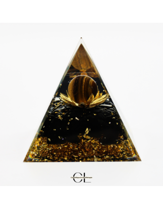 Orgonite pyramide Oeil de Tigre et Obsidienne Noire Lotus