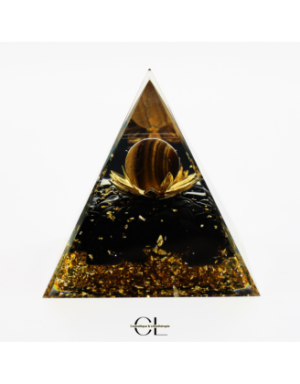 Orgonite pyramide Oeil de Tigre et Obsidienne Noire Lotus