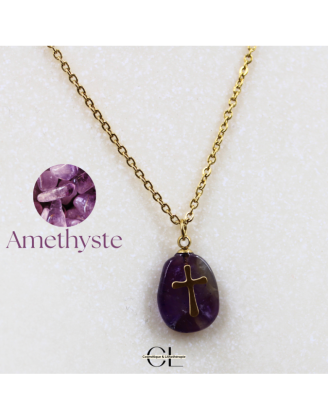 Collier chaine en acier inoxydable doré  avec pierre Améthyste A et Croix