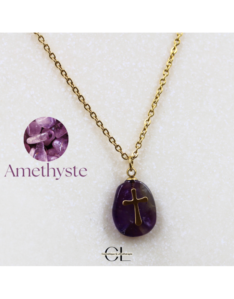 Collier chaine en acier inoxydable doré  avec pierre Améthyste A et Croix