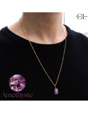Collier chaine en acier inoxydable doré  avec pierre Améthyste A et Croix