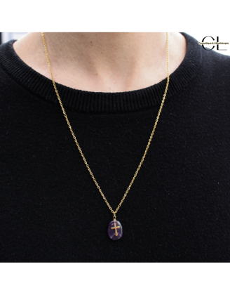 Collier chaine en acier inoxydable doré  avec pierre Améthyste A et Croix