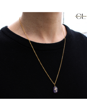 Collier chaine en acier inoxydable doré  avec pierre Améthyste A et Croix