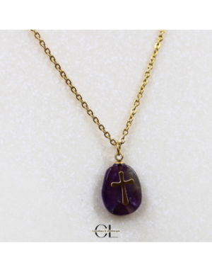 Collier chaine en acier inoxydable doré  avec pierre Améthyste A et Croix