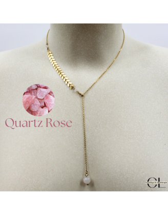 Collier chaine plume doré en forme Y  en acier inoxydable avec pierre Quartz Rose A 8mm