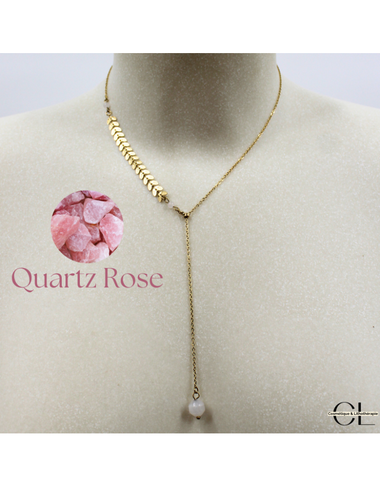 Collier chaine plume doré en forme Y  en acier inoxydable avec pierre Quartz Rose A 8mm