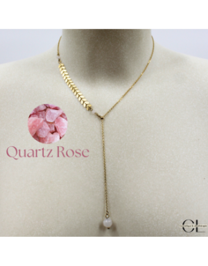 Collier chaine plume doré en forme Y  en acier inoxydable avec pierre Quartz Rose A 8mm