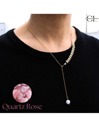 Collier chaine plume doré en forme Y  en acier inoxydable avec pierre Quartz Rose A 8mm