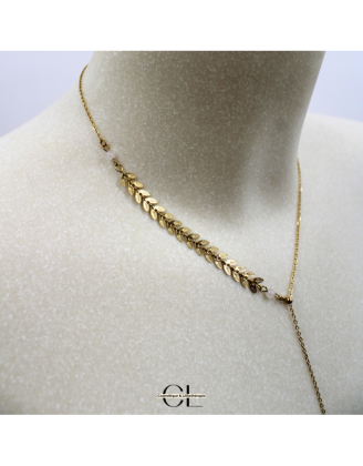 Collier chaine plume doré en forme Y  en acier inoxydable avec pierre Quartz Rose A 8mm