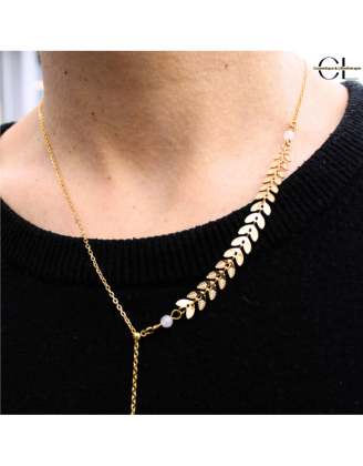 Collier chaine plume doré en forme Y  en acier inoxydable avec pierre Quartz Rose A 8mm