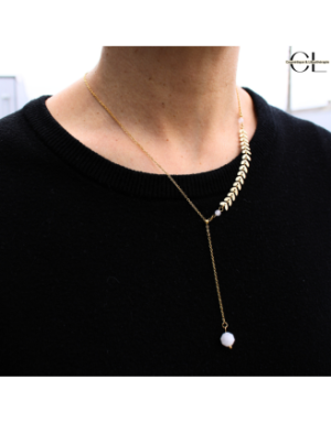 Collier chaine plume doré en forme Y  en acier inoxydable avec pierre Quartz Rose A 8mm