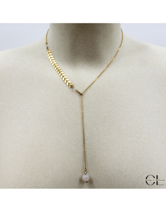 Collier chaine plume doré en forme Y  en acier inoxydable avec pierre Quartz Rose A 8mm