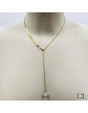 Collier chaine plume doré en forme Y  en acier inoxydable avec pierre Quartz Rose A 8mm