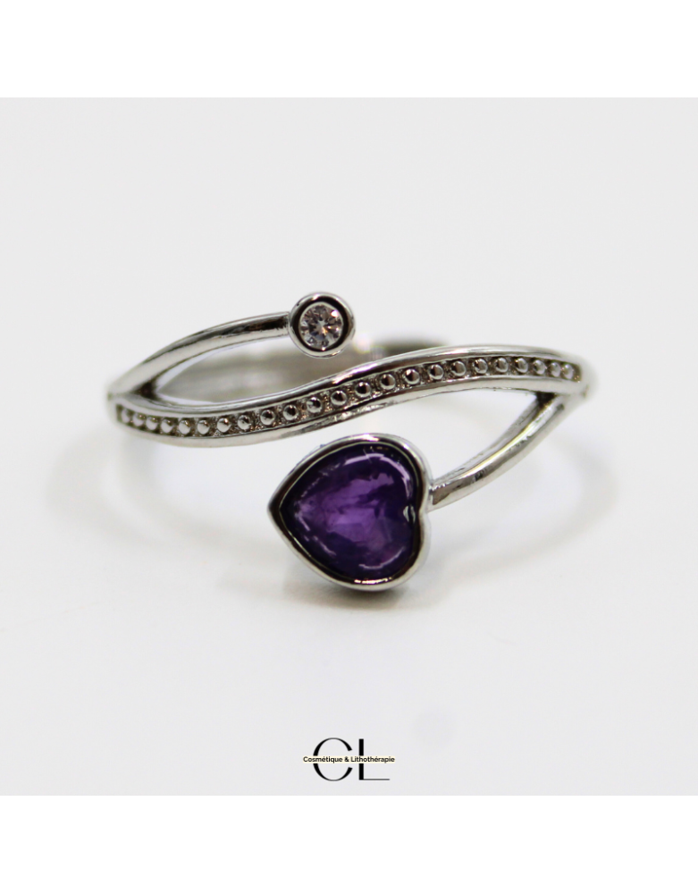 Bague en cuivre blanc ajustable facetté Amethyste AA en forme de cœur