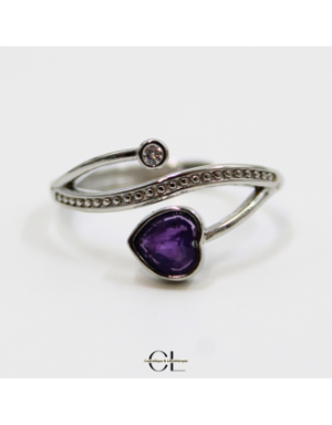Bague en cuivre blanc ajustable facetté Amethyste AA en forme de cœur