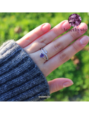 Bague en cuivre blanc ajustable facetté Amethyste AA en forme de cœur