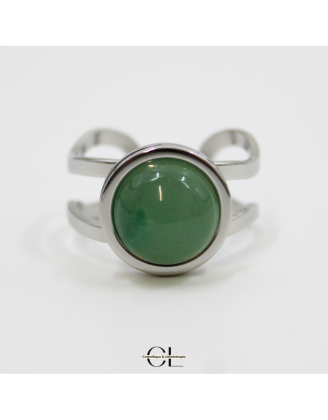 Bague en acier inoxydable argentée avec pierre Aventurine Verte A