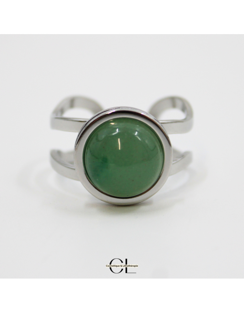 Bague en acier inoxydable argentée avec pierre Aventurine Verte A