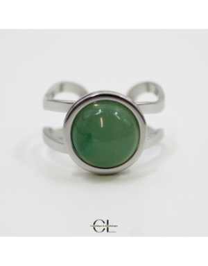 Bague en acier inoxydable argentée avec pierre Aventurine Verte A