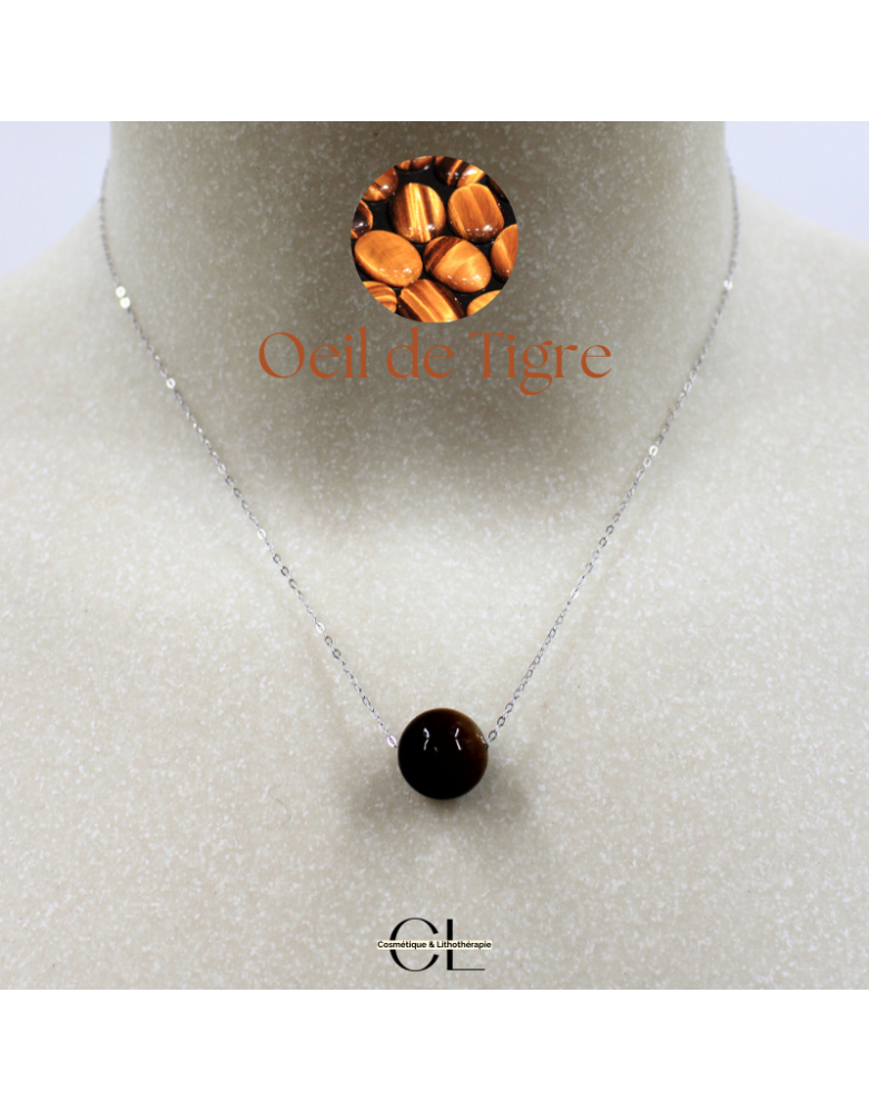 Collier en argent 925 avec pierre Oeil de Tigre AA boule 12mm