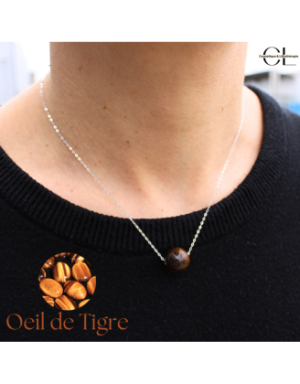 Collier en argent 925 avec pierre Oeil de Tigre AA boule 12mm