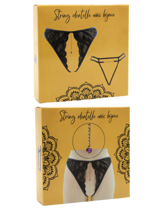 String gris avec bijou couleur aléatoire et chaîne dorée