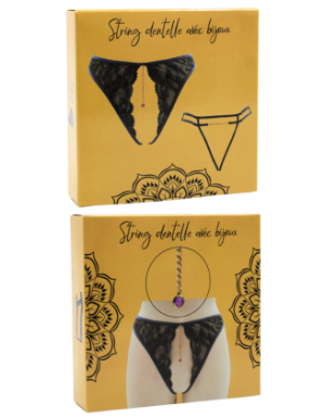 String gris avec bijou couleur aléatoire et chaîne dorée