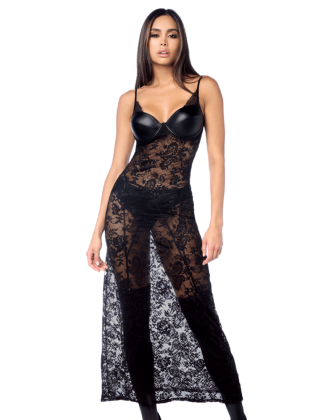 Robe longue sexy en dentelle & cuir avec string et porte-jarretelles